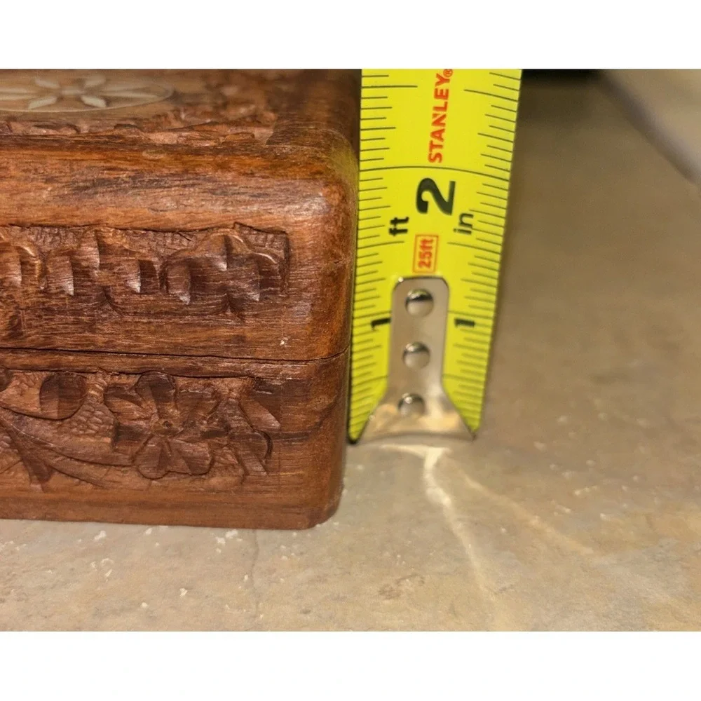Vintage Ornate Carved Wood Jewelry Box Small Trinket Holder Hinged Lid Square